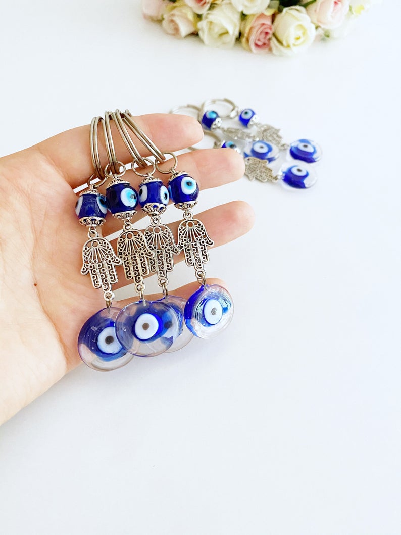 Silver Hamsa Evil Eye Keychain, Blue Glass Evil Eye Bead, Hamsa Hand