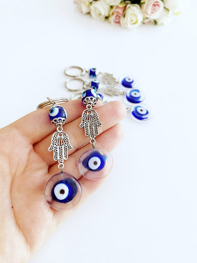 Silver Hamsa Evil Eye Keychain, Blue Glass Evil Eye Bead, Hamsa Hand