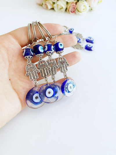 Silver Hamsa Evil Eye Keychain, Blue Glass Evil Eye Bead, Hamsa Hand