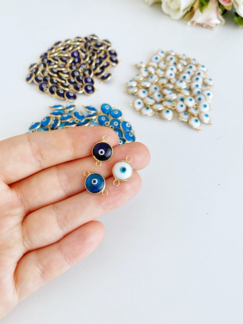 White Evil Eye Beads, Evil Eye Connector, Silver Gold Evil Eye Charm