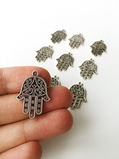 3 pcs silver plated hamsa charm connector - hamsa jewelry - silver