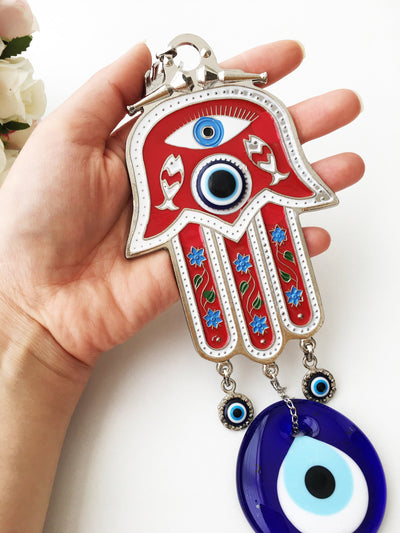 Red Hamsa evil eye wall hanging