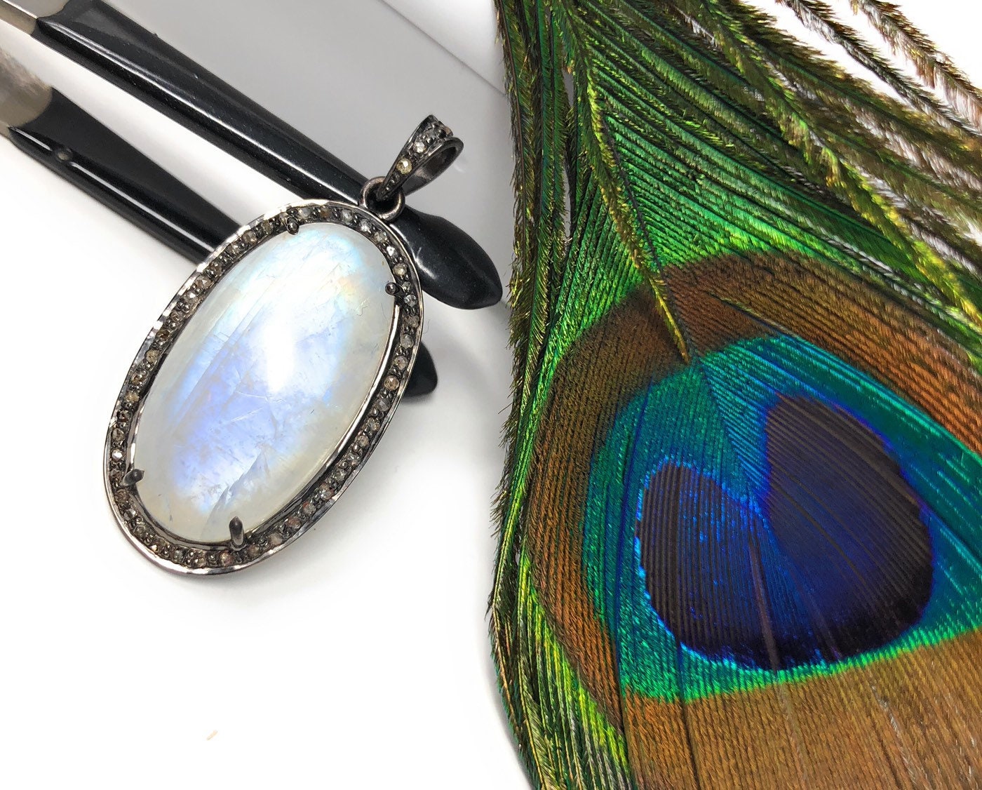 Rainbow Moonstone Gemstone Pendant, Diamond Pendant, Silver Pendant,