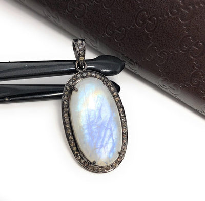 Rainbow Moonstone Gemstone Pendant, Diamond Pendant, Silver Pendant,