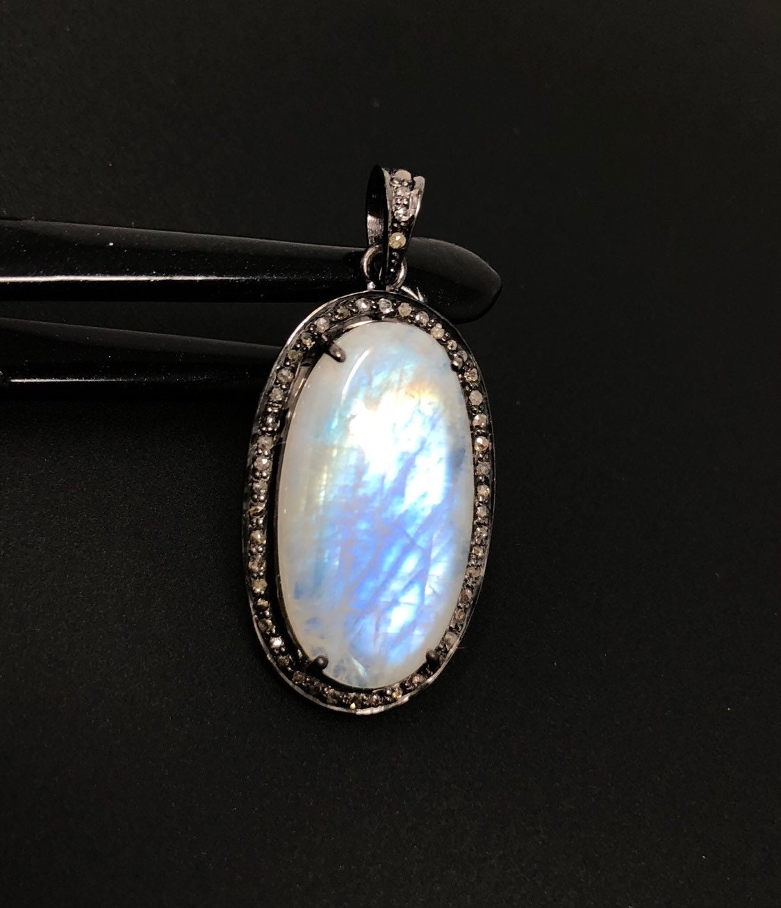 Rainbow Moonstone Gemstone Pendant, Diamond Pendant, Silver Pendant,