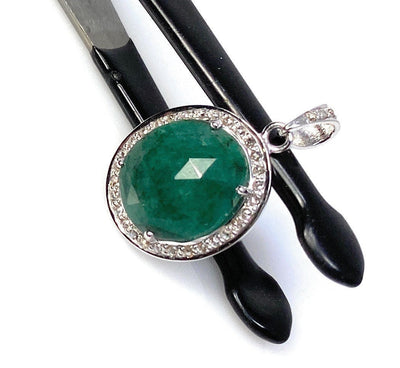 Emerald Diamond Pendant, Natural Emerald Sterling Silver Pendant, May