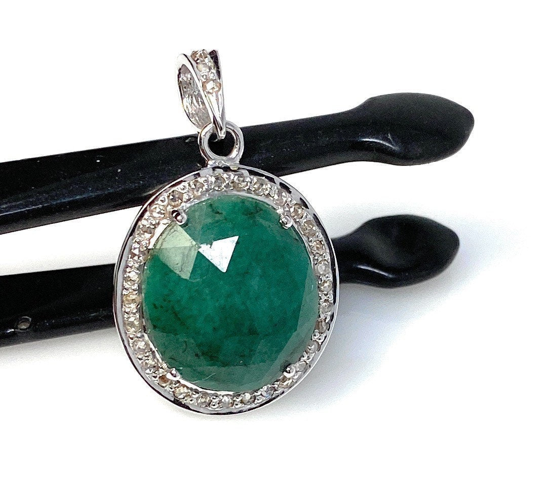 Emerald Diamond Pendant, Natural Emerald Sterling Silver Pendant, May
