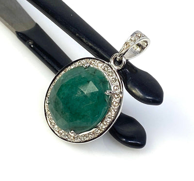 Emerald Diamond Pendant, Natural Emerald Sterling Silver Pendant, May