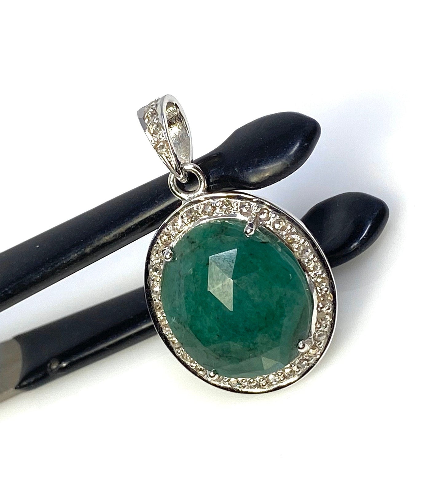 Emerald Diamond Pendant, Natural Emerald Sterling Silver Pendant, May