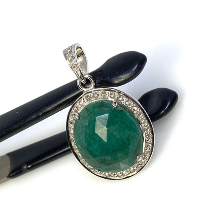 Emerald Diamond Pendant, Natural Emerald Sterling Silver Pendant, May