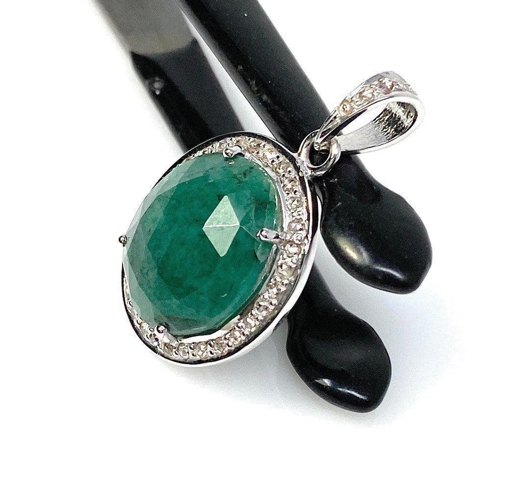 Emerald Diamond Pendant, Natural Emerald Sterling Silver Pendant, May