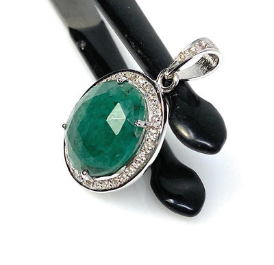 Emerald Diamond Pendant, Natural Emerald Sterling Silver Pendant, May