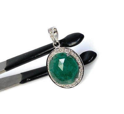 Emerald Diamond Pendant, Natural Emerald Sterling Silver Pendant, May
