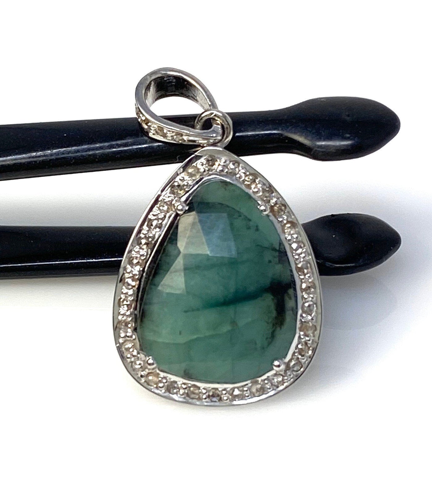 Emerald Diamond Pendant, Natural Emerald Sterling Silver Pendant, May