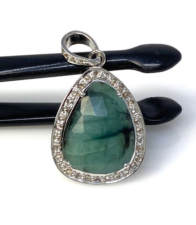 Emerald Diamond Pendant, Natural Emerald Sterling Silver Pendant, May
