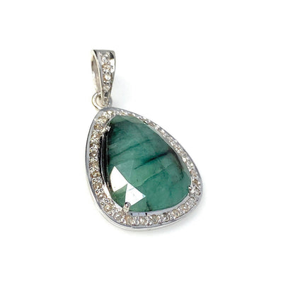 Emerald Diamond Pendant, Natural Emerald Sterling Silver Pendant, May