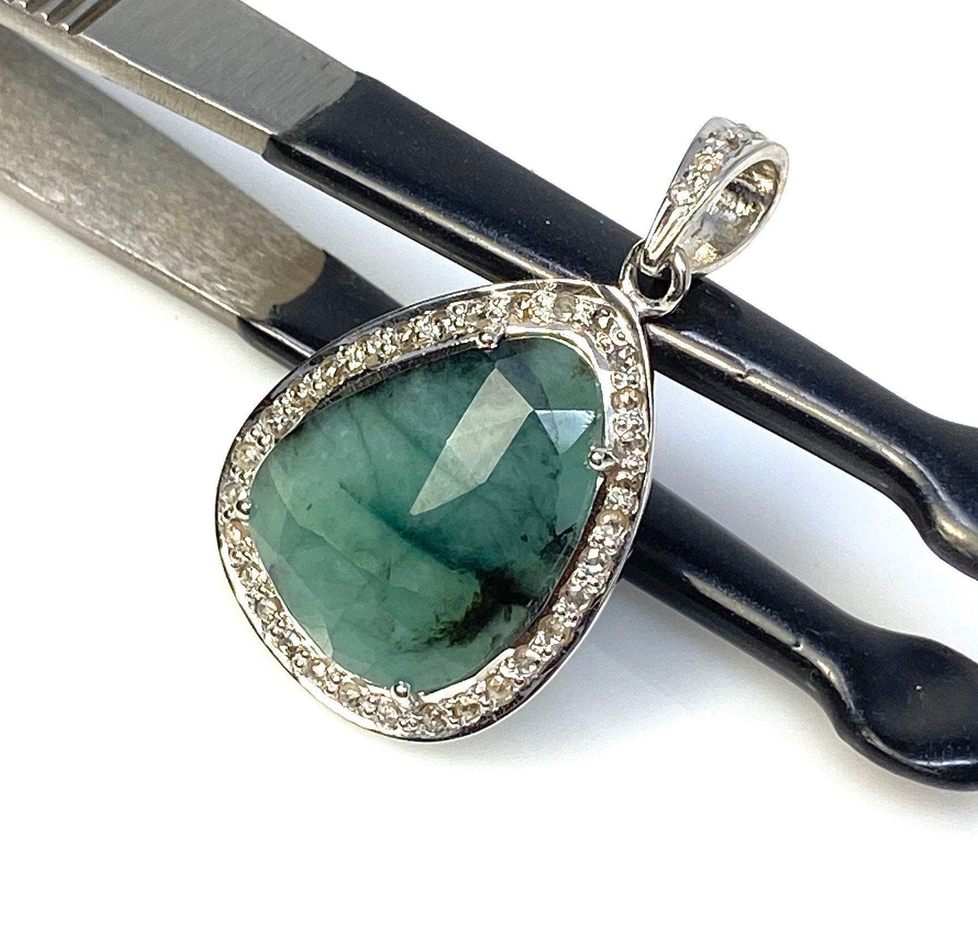 Emerald Diamond Pendant, Natural Emerald Sterling Silver Pendant, May