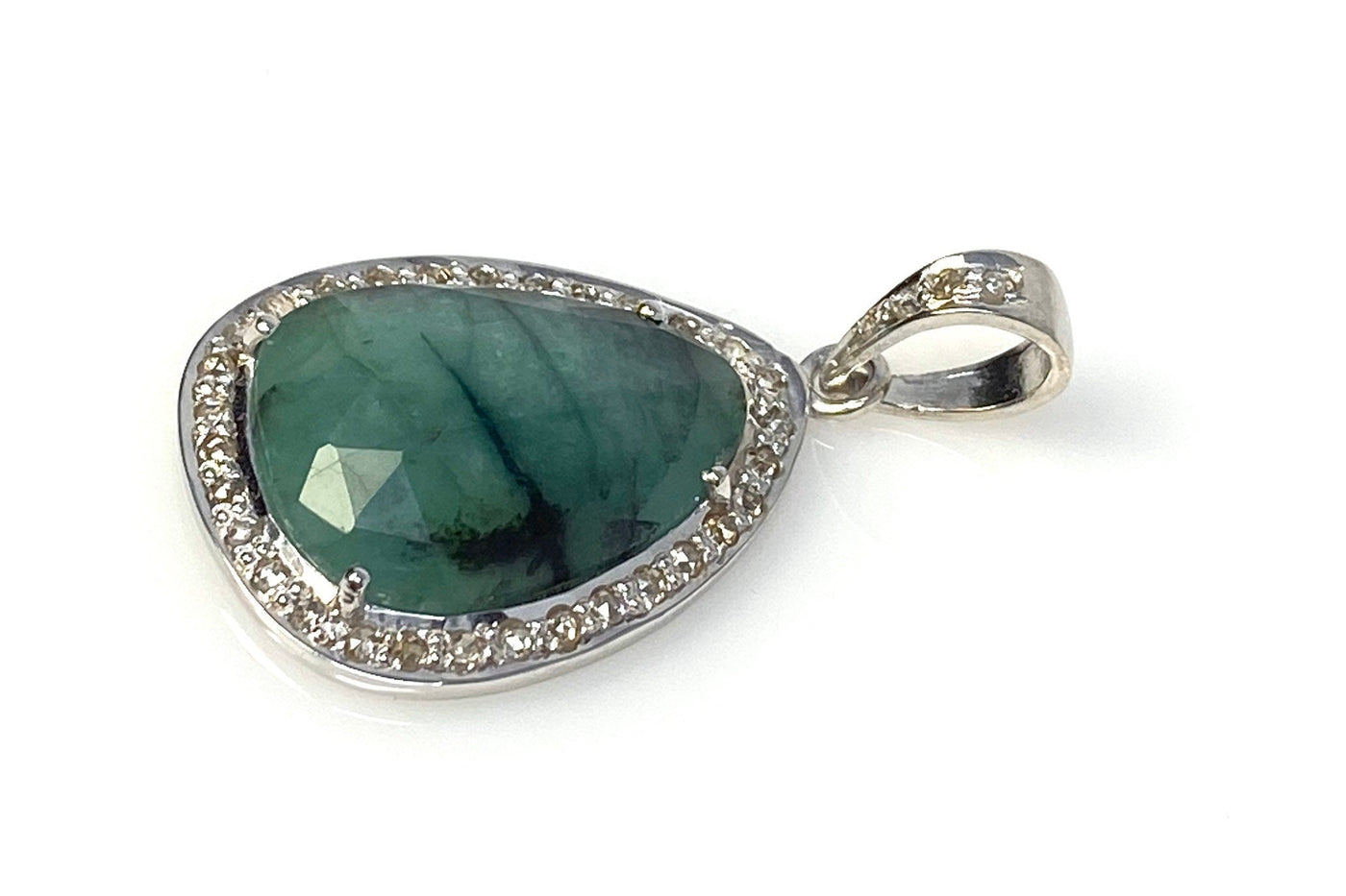 Emerald Diamond Pendant, Natural Emerald Sterling Silver Pendant, May