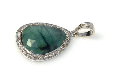 Emerald Diamond Pendant, Natural Emerald Sterling Silver Pendant, May