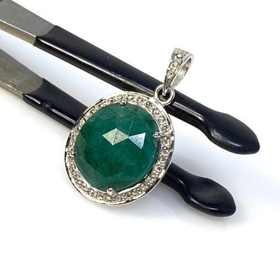 Emerald Diamond Pendant, Natural Emerald Sterling Silver Pendant, May