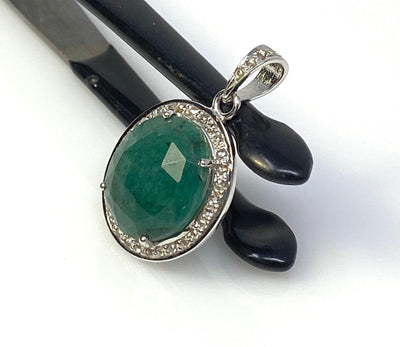 Emerald Diamond Pendant, Natural Emerald Sterling Silver Pendant, May