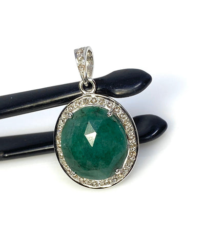 Emerald Diamond Pendant, Natural Emerald Sterling Silver Pendant, May