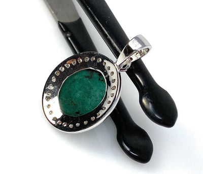 Emerald Diamond Pendant, Natural Emerald Sterling Silver Pendant, May