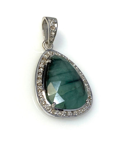 Emerald Diamond Pendant, Natural Emerald Sterling Silver Pendant, May