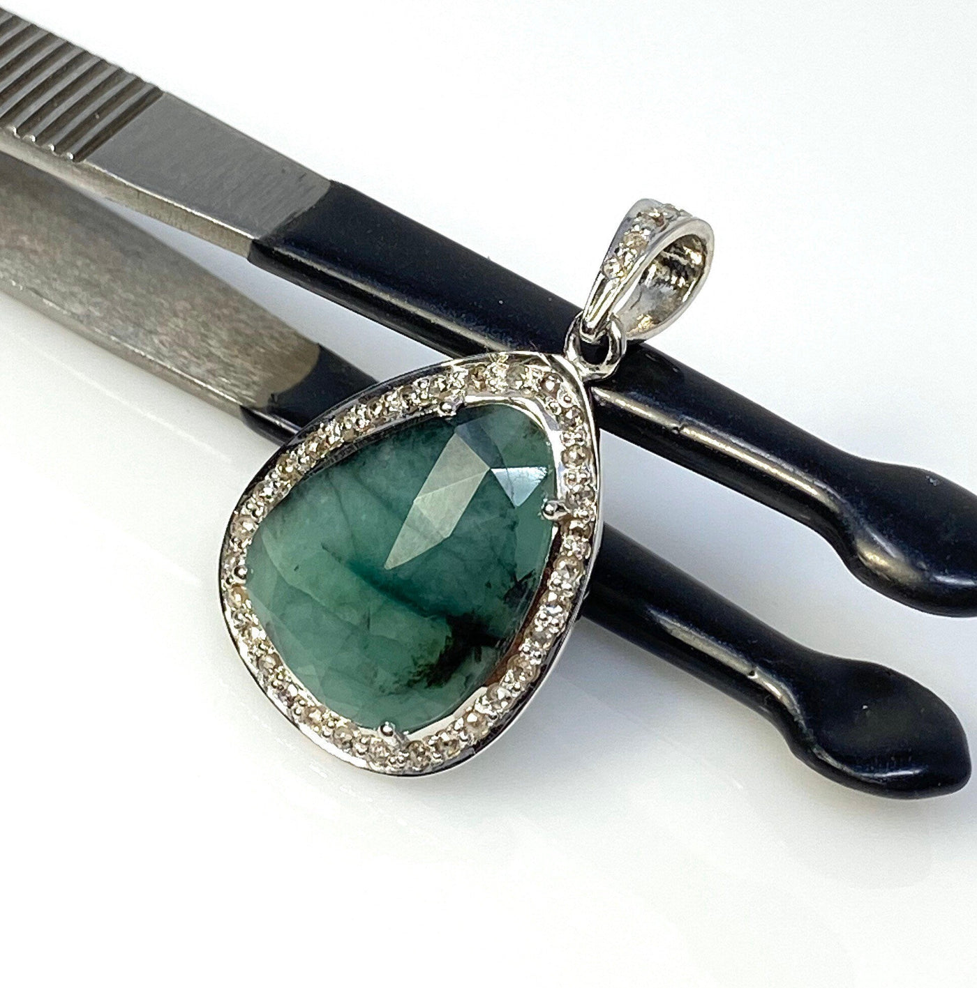 Emerald Diamond Pendant, Natural Emerald Sterling Silver Pendant, May
