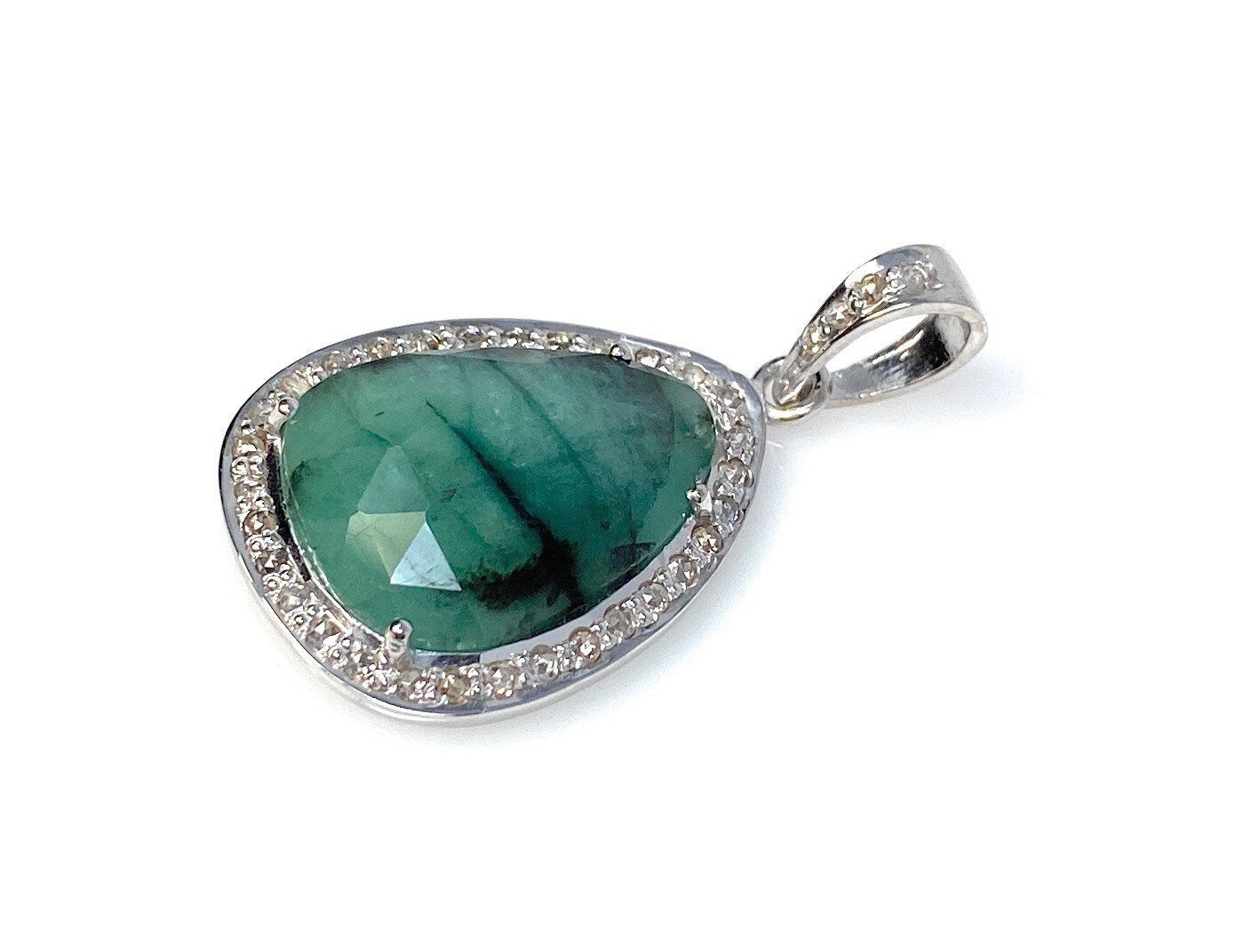 Emerald Diamond Pendant, Natural Emerald Sterling Silver Pendant, May