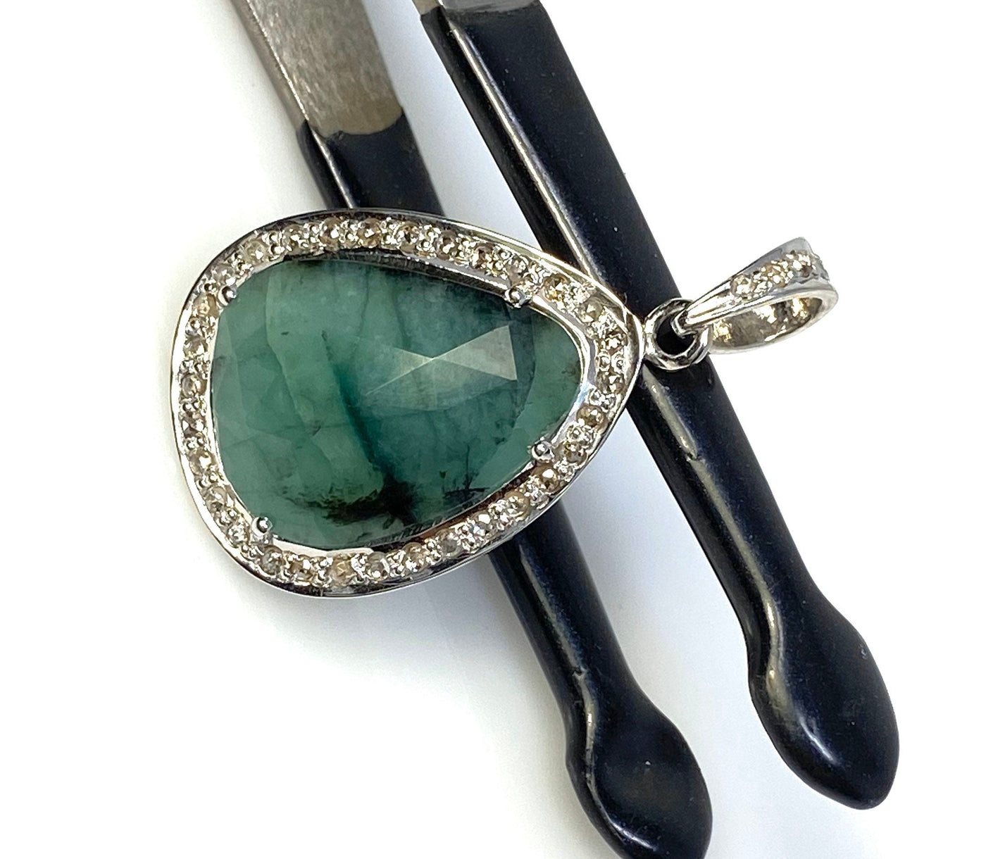 Emerald Diamond Pendant, Natural Emerald Sterling Silver Pendant, May