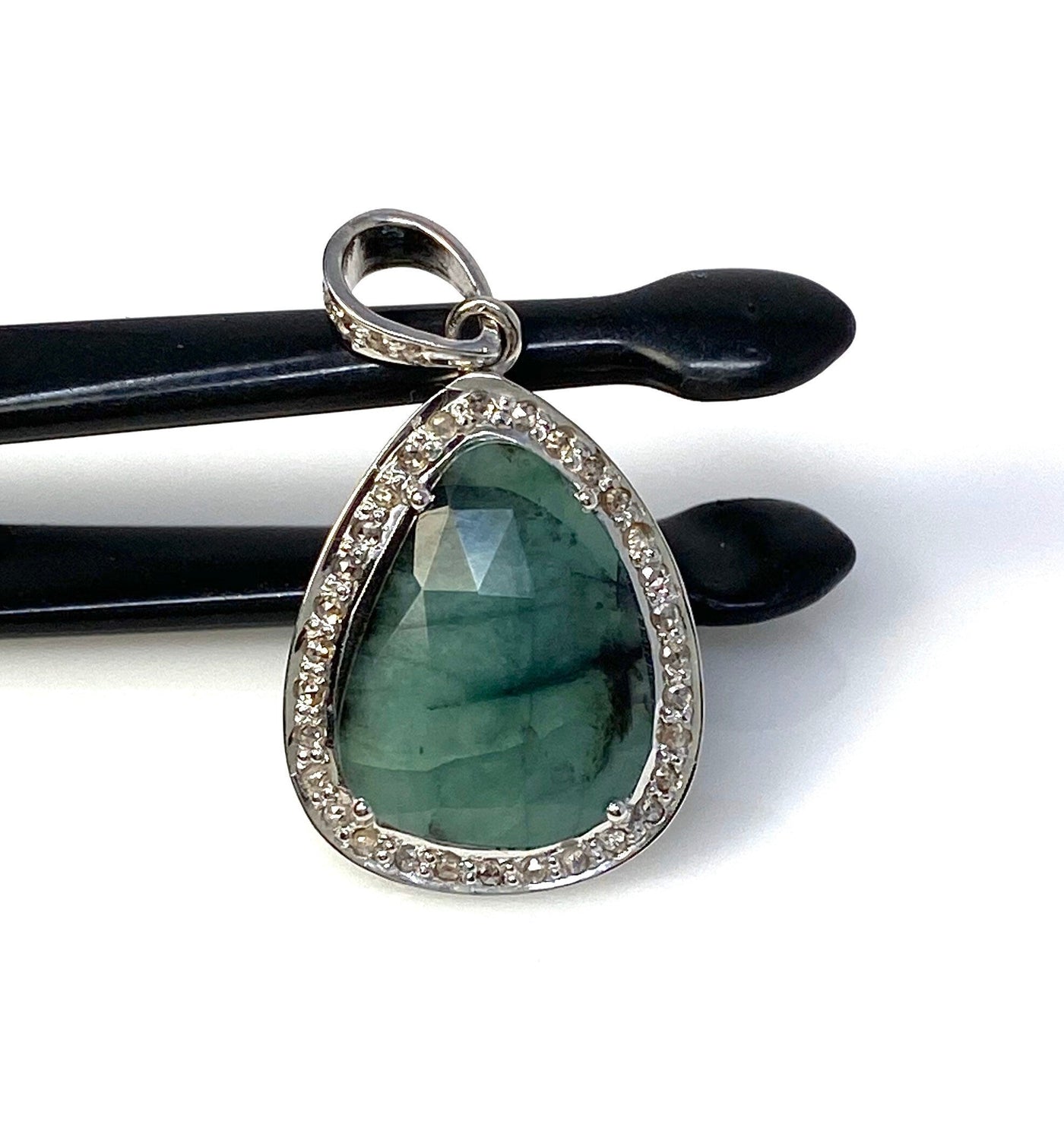 Emerald Diamond Pendant, Natural Emerald Sterling Silver Pendant, May