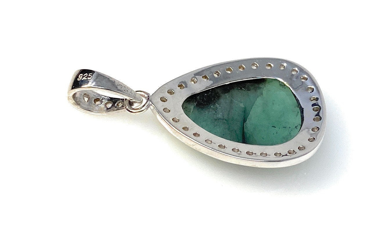 Emerald Diamond Pendant, Natural Emerald Sterling Silver Pendant, May