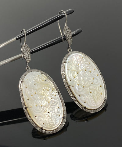 Mother of Pearl Pave Diamond Earrings, Natural Gemstone Nacre