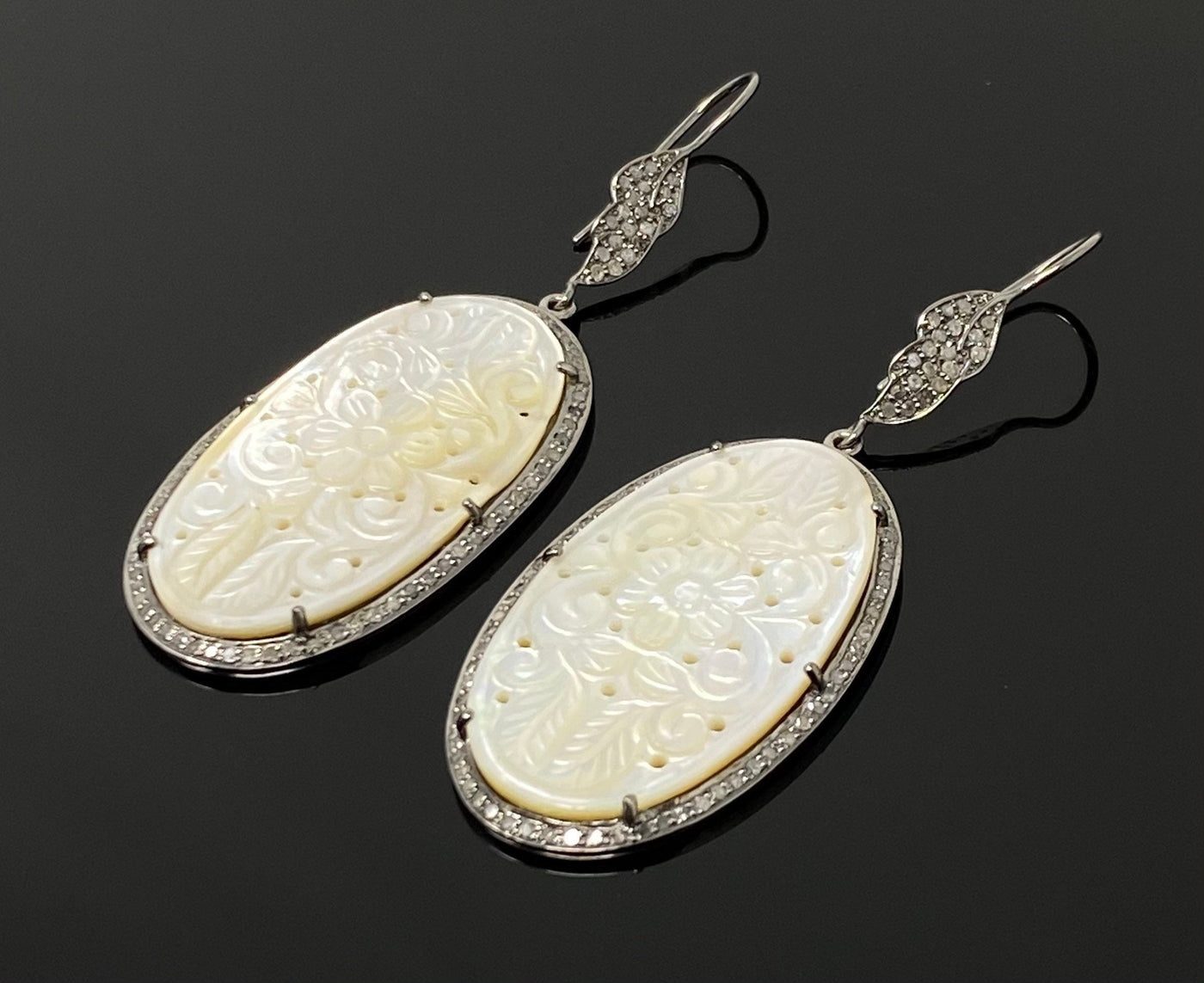 Mother of Pearl Pave Diamond Earrings, Natural Gemstone Nacre
