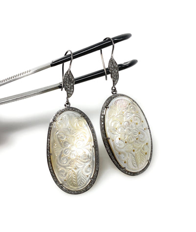 Mother of Pearl Pave Diamond Earrings, Natural Gemstone Nacre