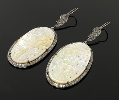 Mother of Pearl Pave Diamond Earrings, Natural Gemstone Nacre