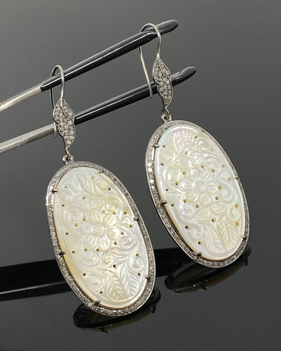 Mother of Pearl Pave Diamond Earrings, Natural Gemstone Nacre