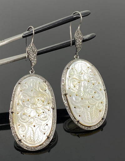 Mother of Pearl Pave Diamond Earrings, Natural Gemstone Nacre
