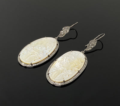 Mother of Pearl Pave Diamond Earrings, Natural Gemstone Nacre