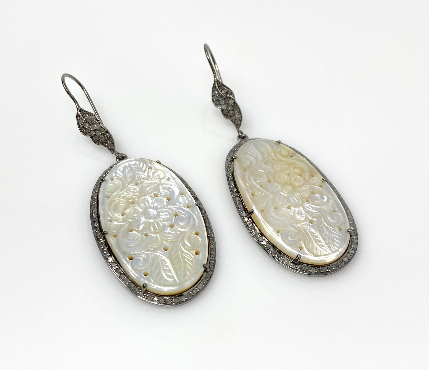 Mother of Pearl Pave Diamond Earrings, Natural Gemstone Nacre