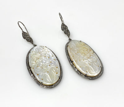 Mother of Pearl Pave Diamond Earrings, Natural Gemstone Nacre