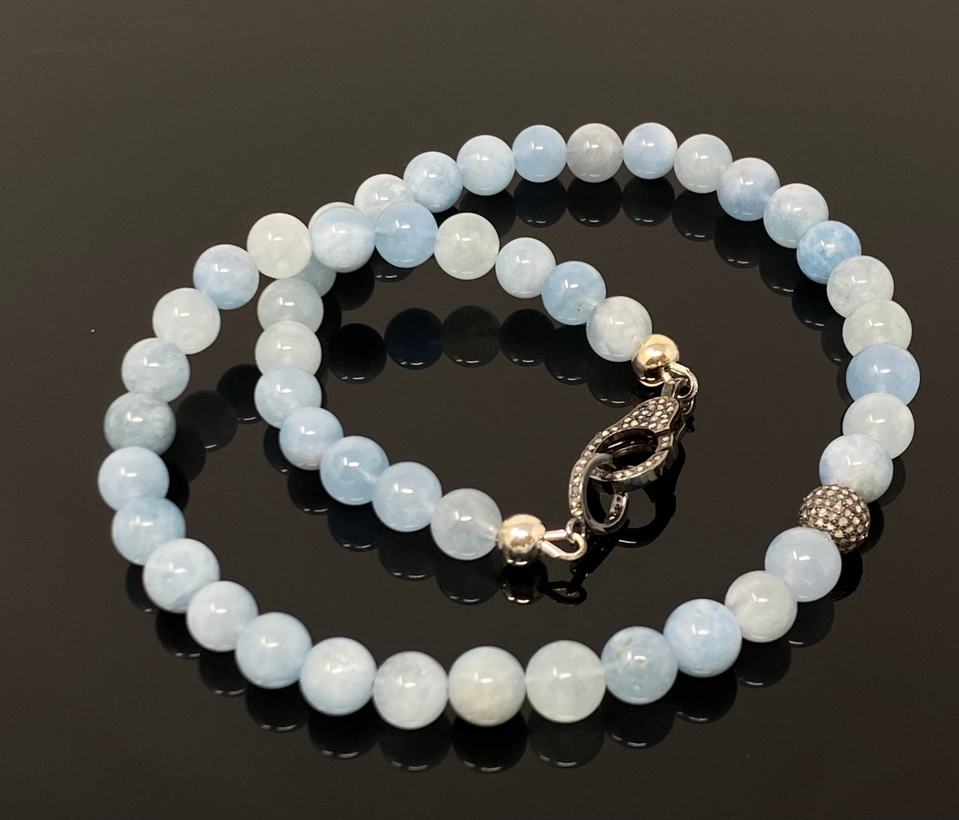 17” Natural Aquamarine Necklace with Pave Diamond Bead and Pave