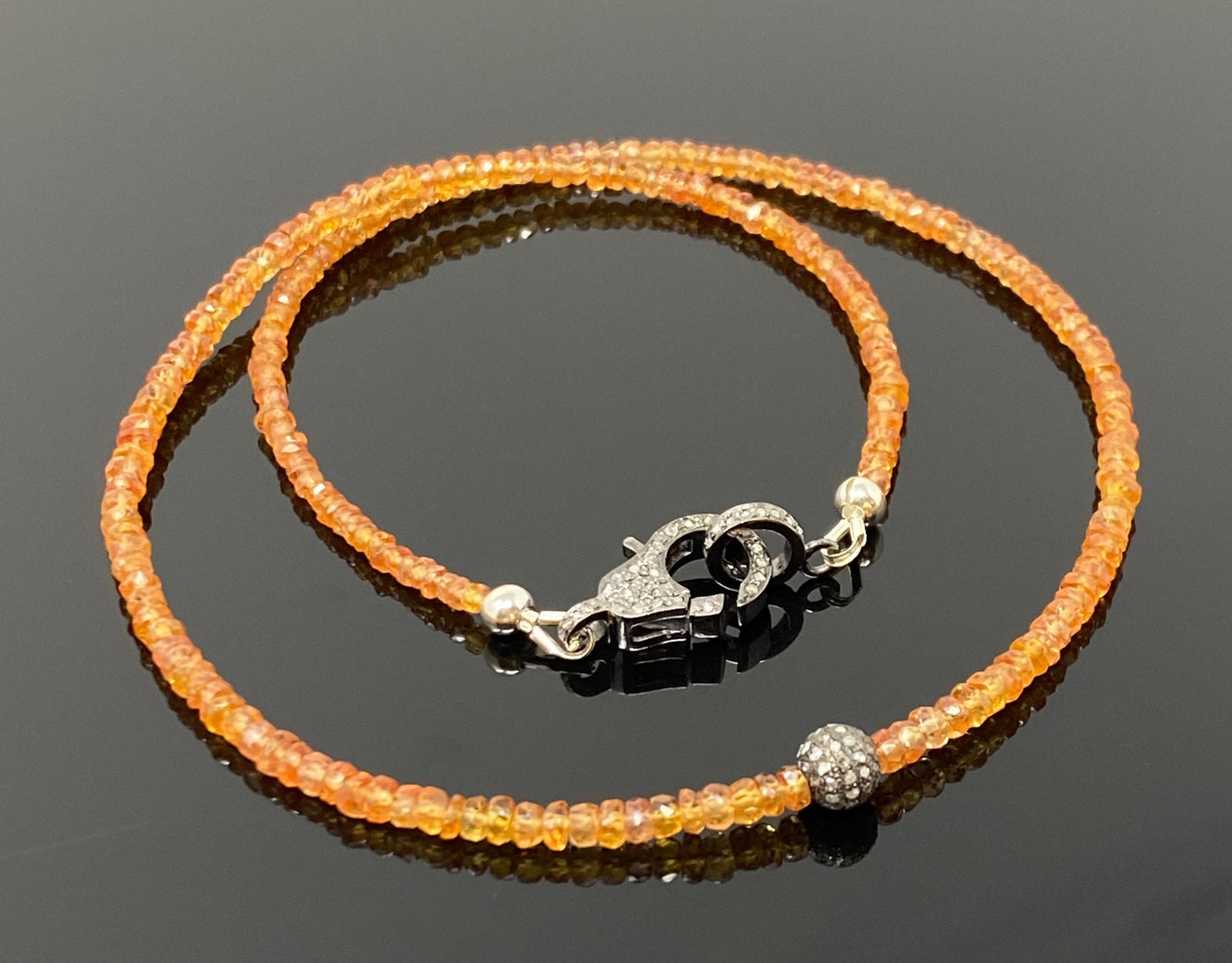 17.5” Genuine Orange Songea Sapphire Necklace with Pave Diamond Clasp,