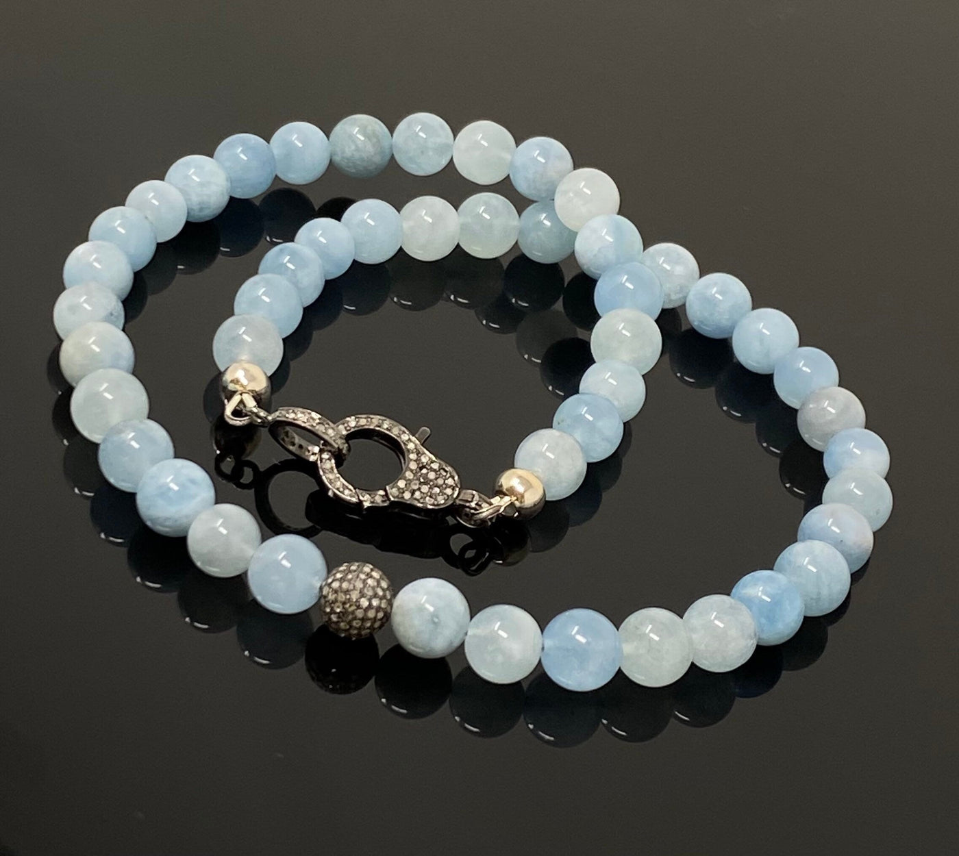 17” Natural Aquamarine Necklace with Pave Diamond Bead and Pave