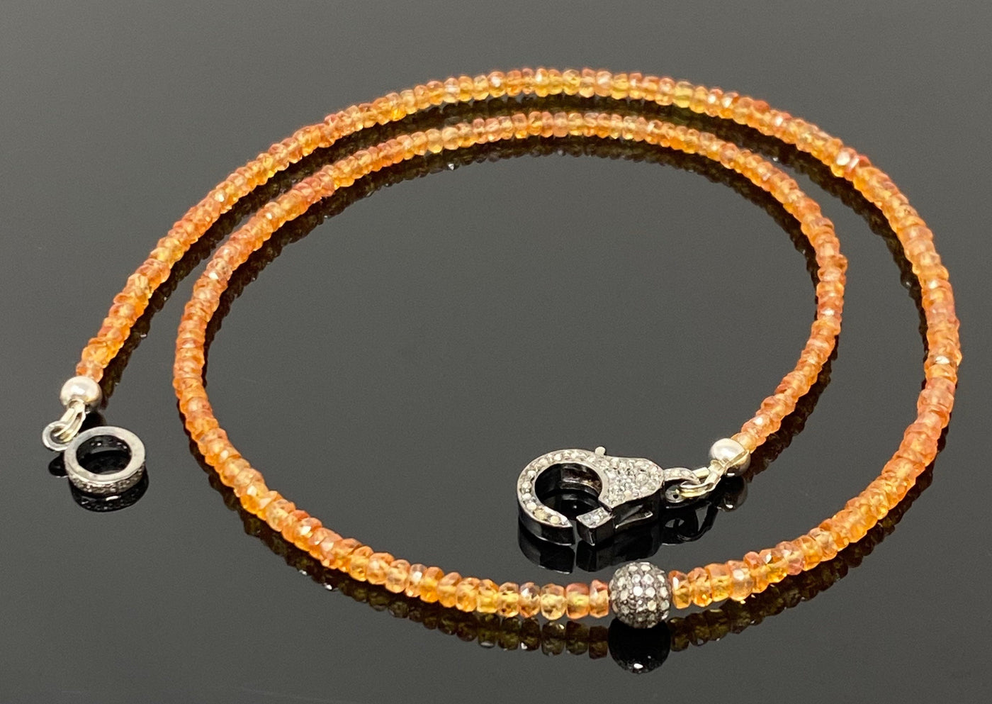 17.5” Genuine Orange Songea Sapphire Necklace with Pave Diamond Clasp,