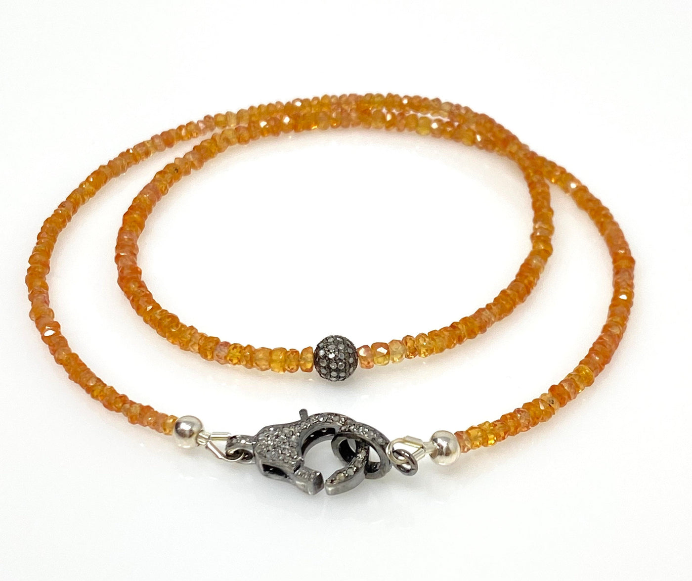 17.5” Genuine Orange Songea Sapphire Necklace with Pave Diamond Clasp,