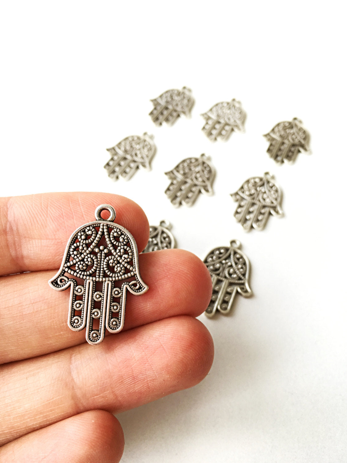 3 pcs silver plated hamsa charm connector - hamsa jewelry - silver