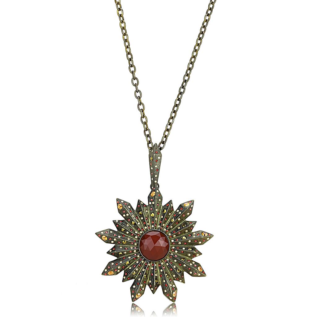 LO4219 - Antique Copper Brass Necklace with Synthetic Onyx in Red