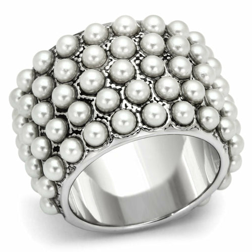 LOA832 - Rhodium Brass Ring with Synthetic Pearl in White